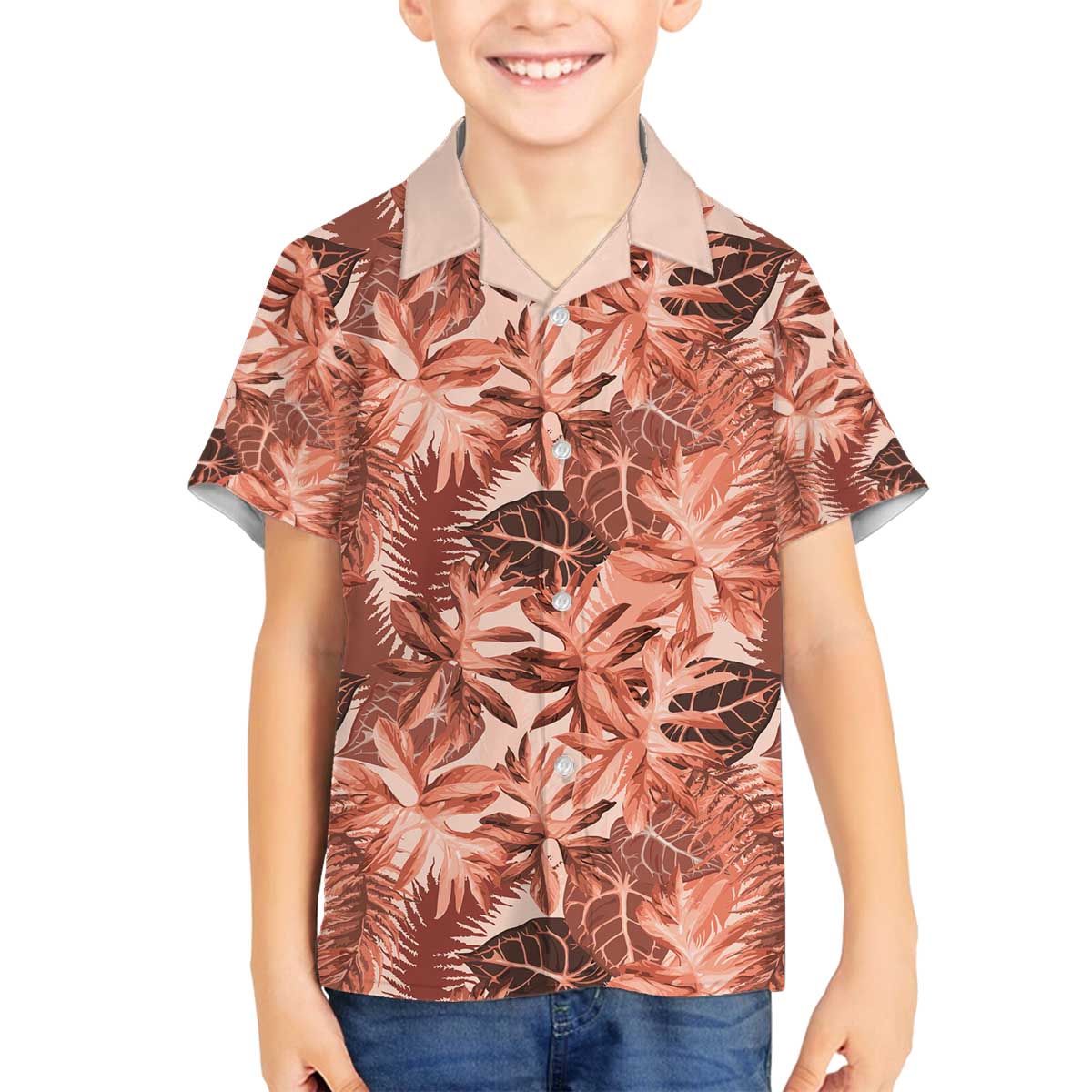Hawaii Red Brown Tropical Leaves Family Matching Off The Shoulder Long Sleeve Dress and Hawaiian Shirt LT01 Son's Shirt Brown - Polynesian Pride
