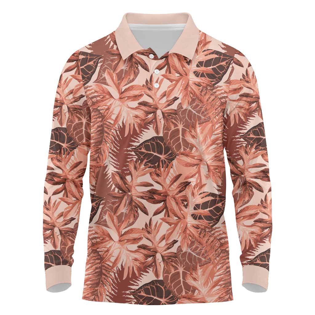 Hawaii Red Brown Tropical Leaves Long Sleeve Polo Shirt - Polynesian Pride