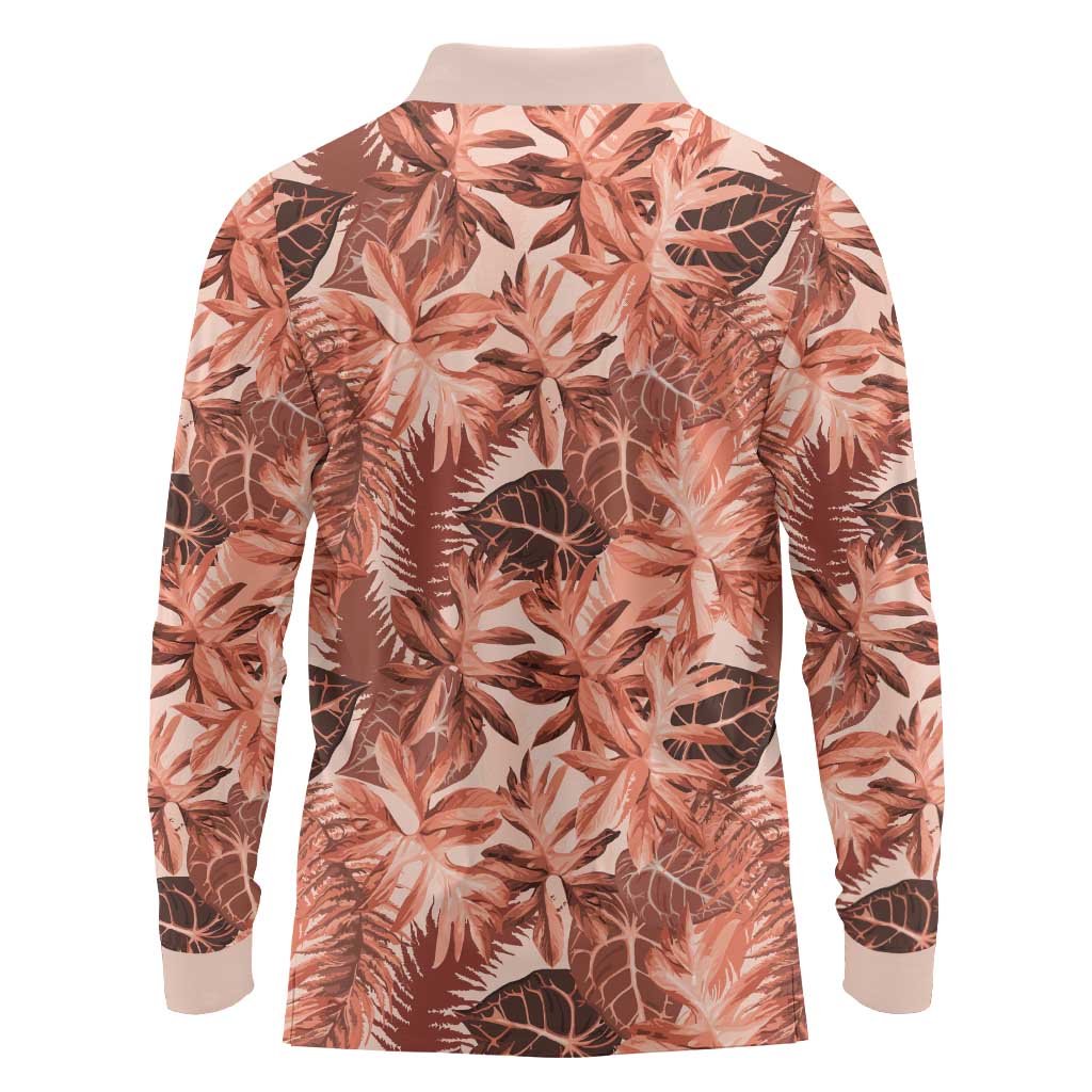 Hawaii Red Brown Tropical Leaves Long Sleeve Polo Shirt - Polynesian Pride