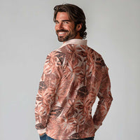 Hawaii Red Brown Tropical Leaves Long Sleeve Polo Shirt - Polynesian Pride