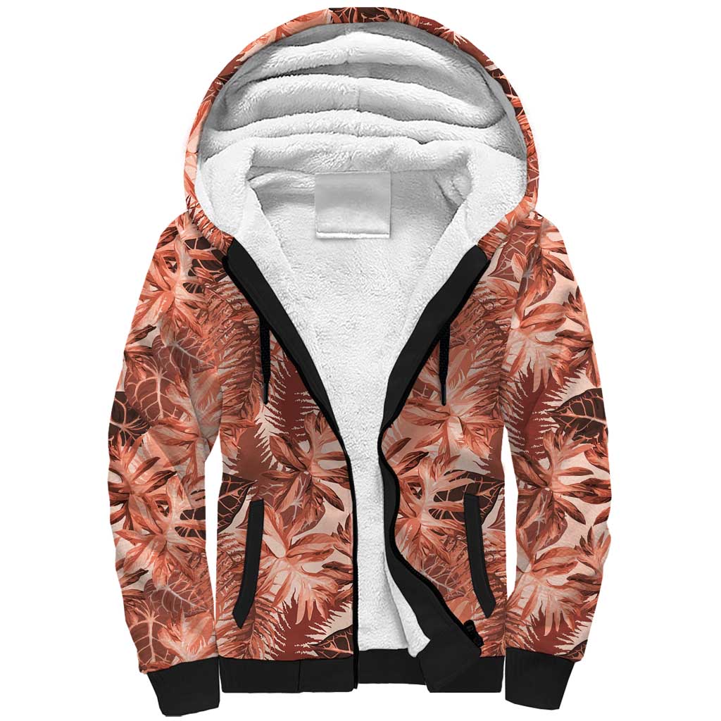 Hawaii Red Brown Tropical Leaves Sherpa Hoodie - Polynesian Pride