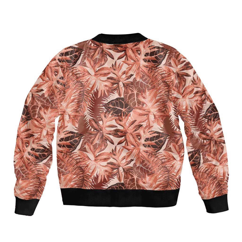 Hawaii Red Brown Tropical Leaves Sleeve Zip Bomber Jacket - Polynesian Pride