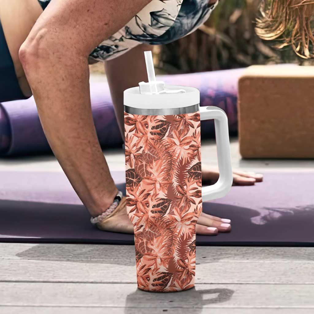 Hawaii Red Brown Tropical Leaves Tumbler With Handle - Polynesian Pride