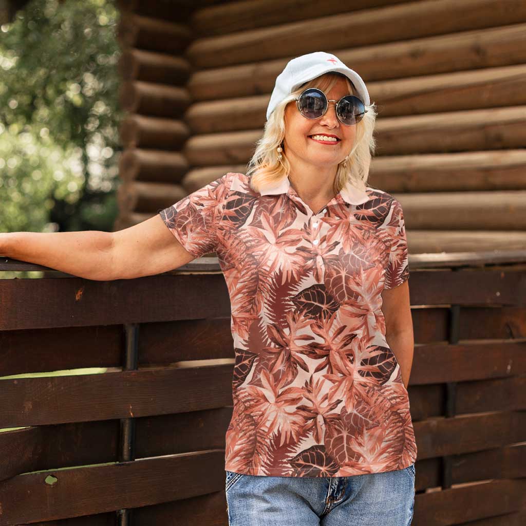 Hawaii Red Brown Tropical Leaves Women Polo Shirt - Polynesian Pride