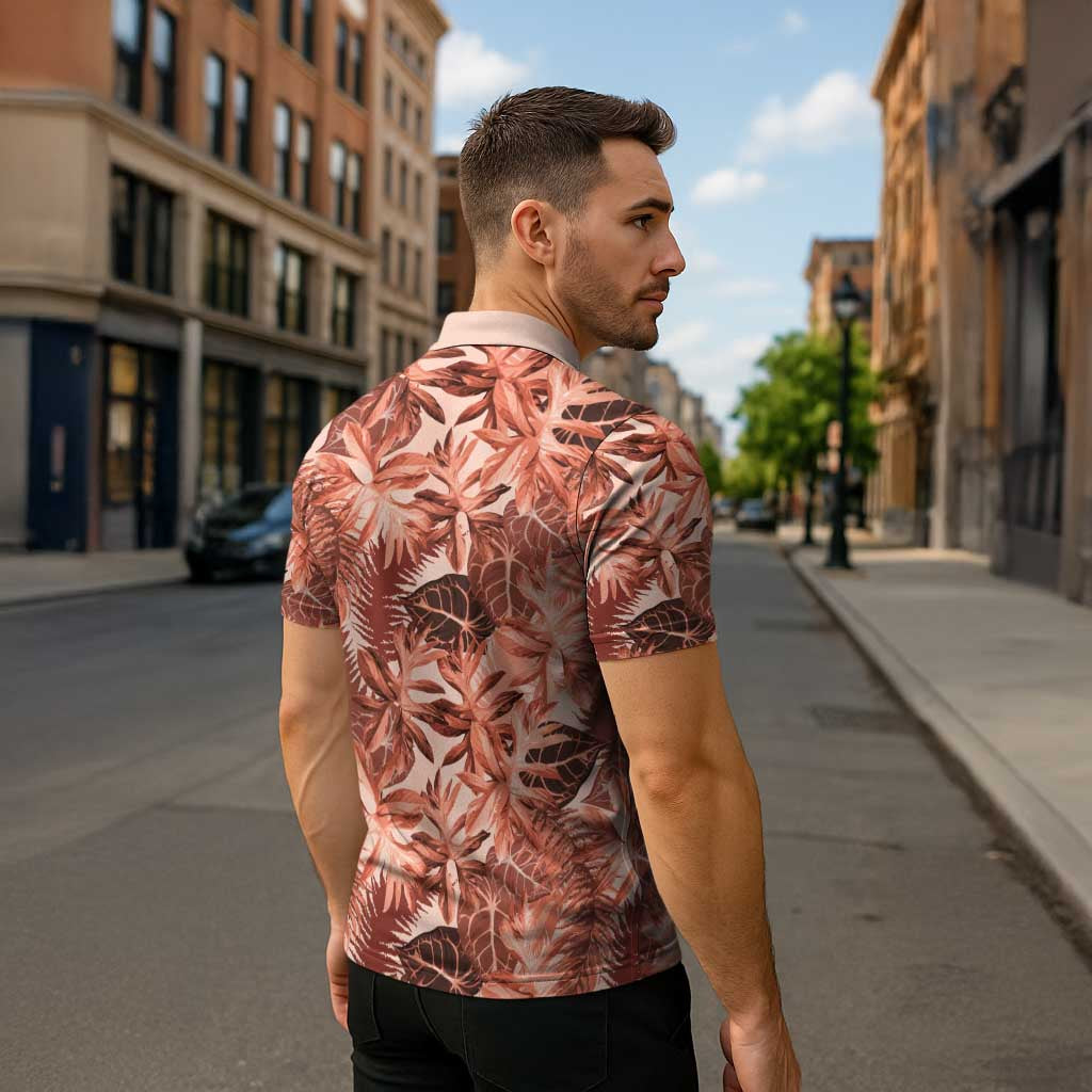 Hawaii Red Brown Tropical Leaves Zipper Polo Shirt - Polynesian Pride