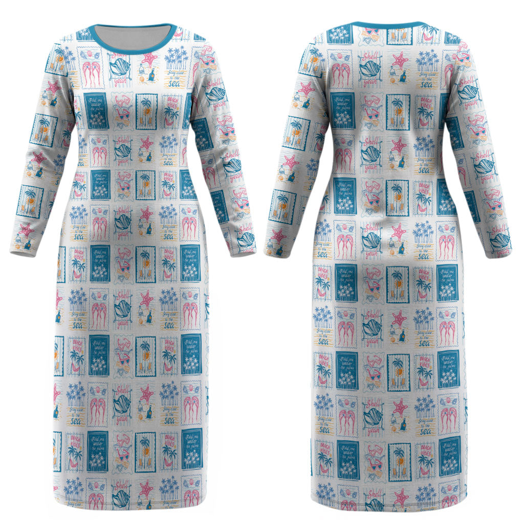 Hawaii Coastal Summer Postcard Couples Matching Long Sleeve Bodycon Dress and Hawaiian Shirt LT01 - Polynesian Pride