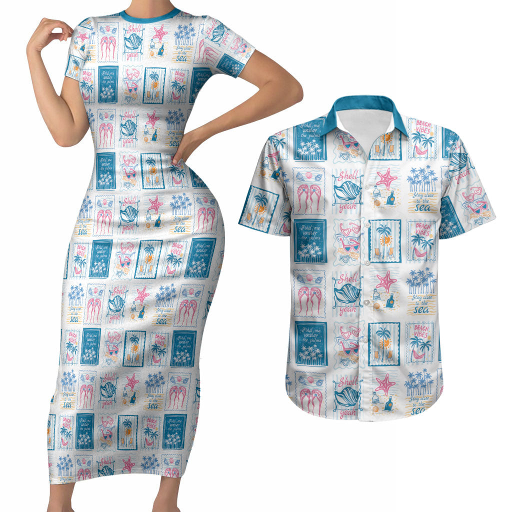 Hawaii Coastal Summer Postcard Couples Matching Short Sleeve Bodycon Dress and Hawaiian Shirt LT01 Multicolor - Polynesian Pride