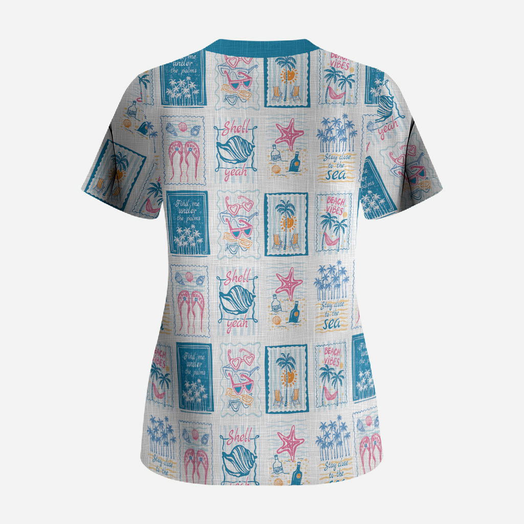 Hawaii Coastal Summer Postcard Scrub Top LT01 - Polynesian Pride