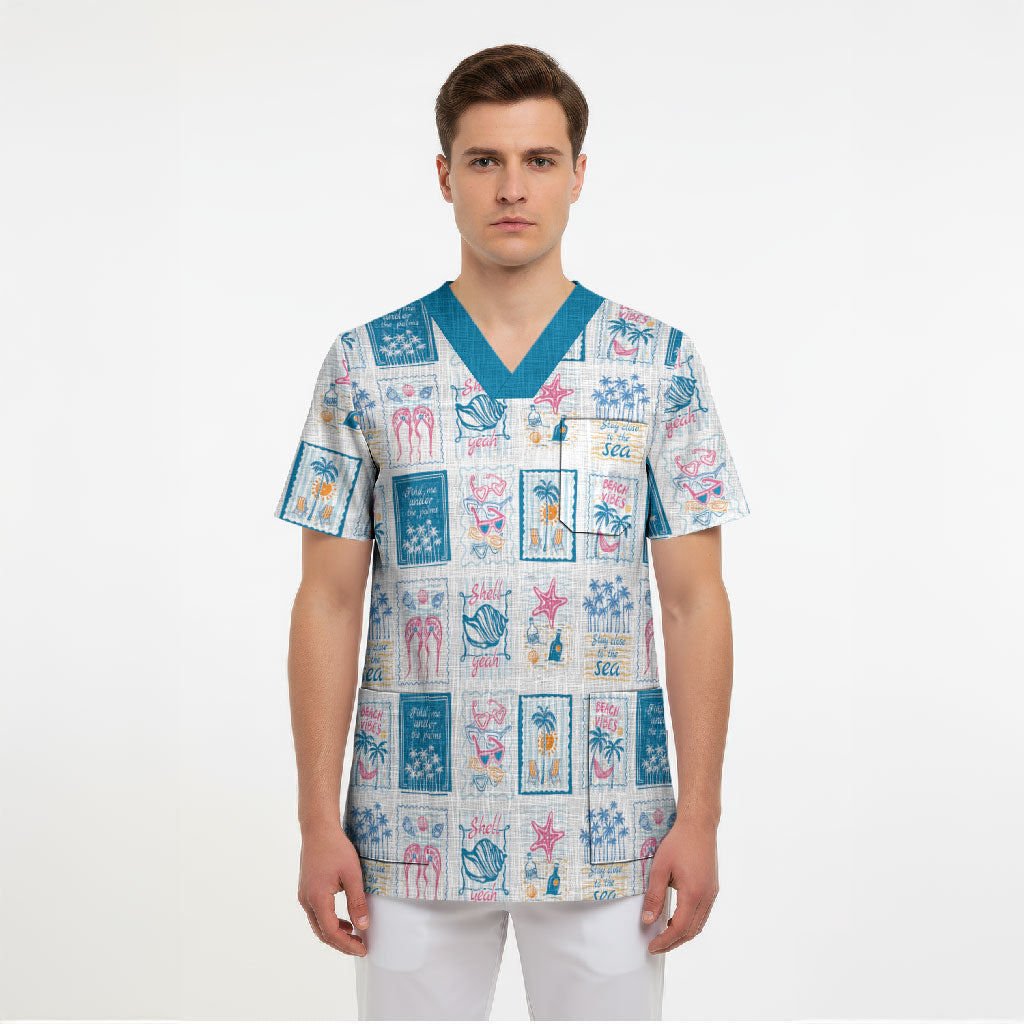 Hawaii Coastal Summer Postcard Scrub Top LT01 - Polynesian Pride