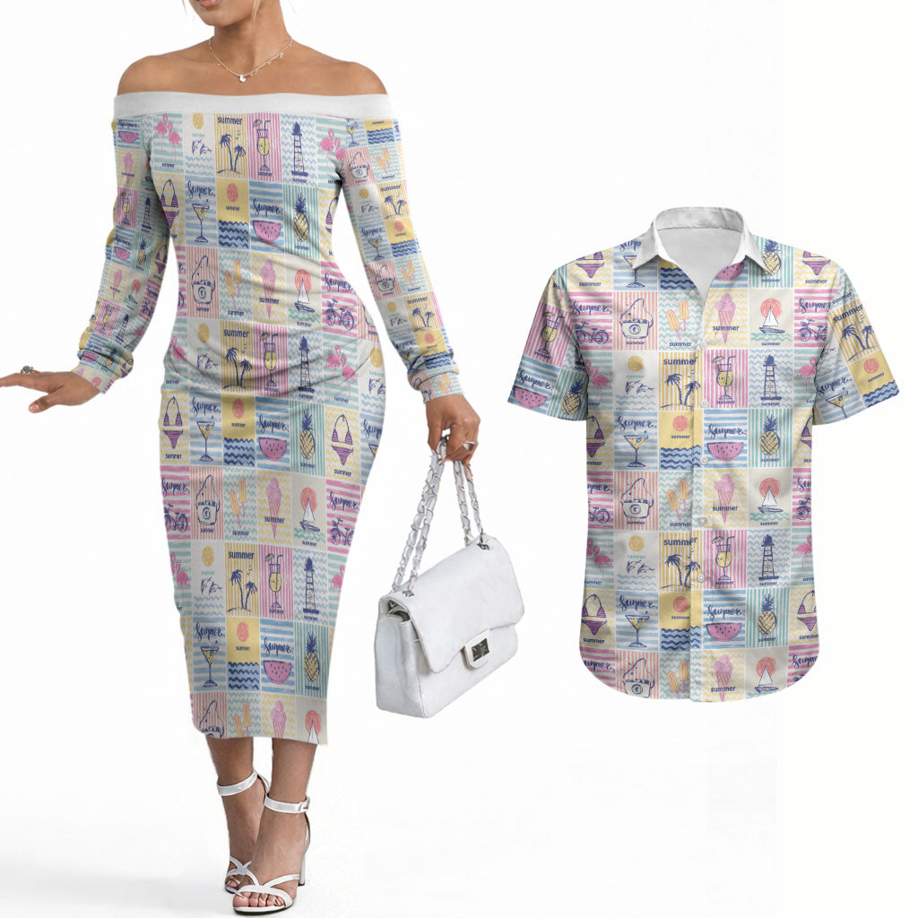 Aloha Summer Posters Grunge Textures Couples Matching Off The Shoulder Long Sleeve Dress and Hawaiian Shirt LT01 Multicolor - Polynesian Pride