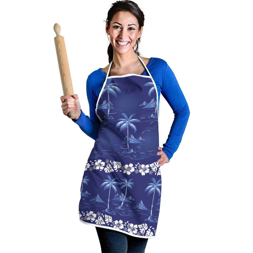 Blue Hawaii Palm Tree Hibiscus Apron Fantasy Summer Vibe