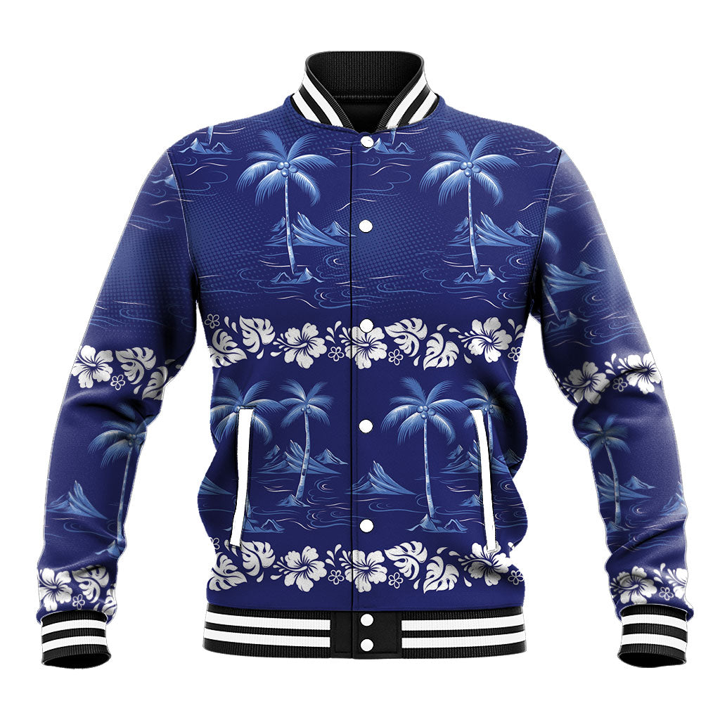Blue Hawaii Palm Tree Hibiscus Baseball Jacket Fantasy Summer Vibe