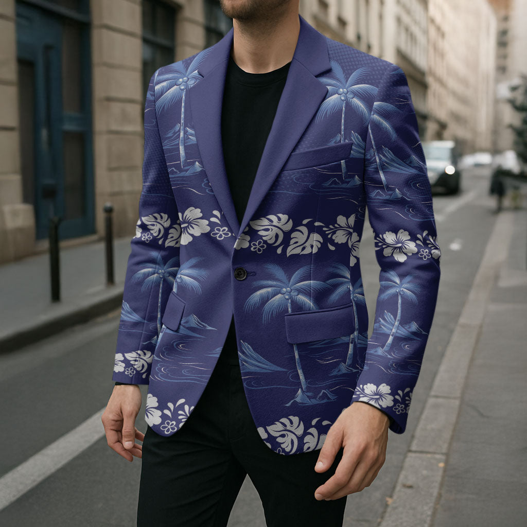 Blue Hawaii Palm Tree Hibiscus Blazer Fantasy Summer Vibe