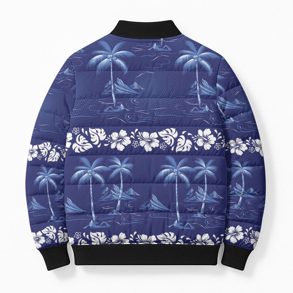 Blue Hawaii Palm Tree Hibiscus Bomber Puffer Jacket Fantasy Summer Vibe