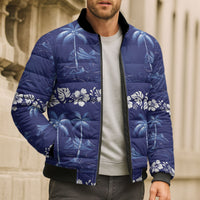 Blue Hawaii Palm Tree Hibiscus Bomber Puffer Jacket Fantasy Summer Vibe