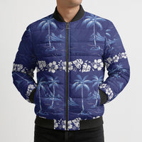 Blue Hawaii Palm Tree Hibiscus Bomber Puffer Jacket Fantasy Summer Vibe