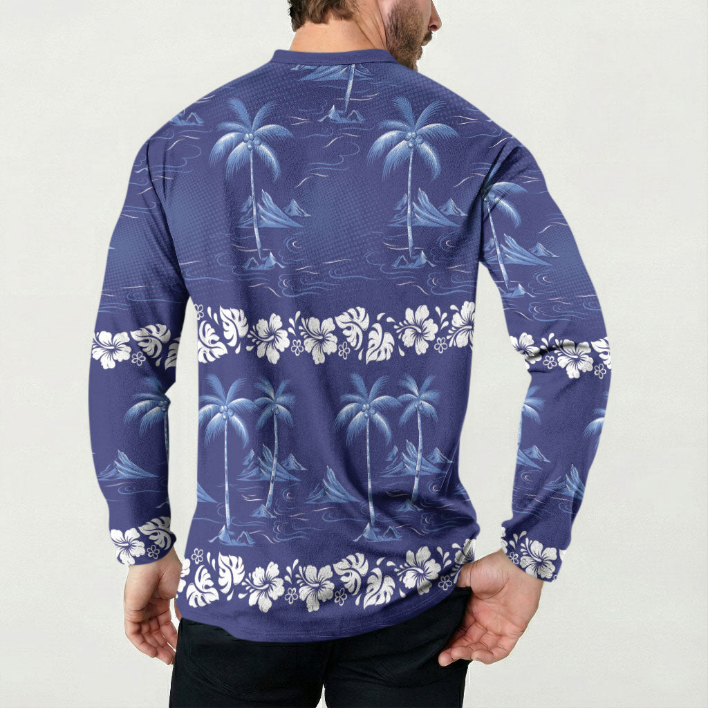 Blue Hawaii Palm Tree Hibiscus Button Sweatshirt Fantasy Summer Vibe LT01 - Polynesian Pride
