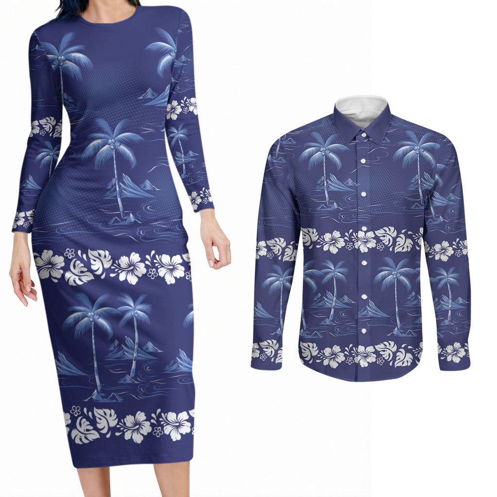 Blue Hawaii Palm Tree Hibiscus Couples Matching Long Sleeve Bodycon Dress and Long Sleeve Button Shirt Fantasy Summer Vibe