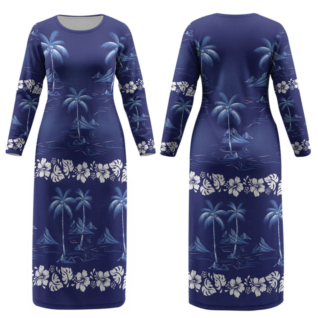 Blue Hawaii Palm Tree Hibiscus Couples Matching Long Sleeve Bodycon Dress and Long Sleeve Button Shirt Fantasy Summer Vibe