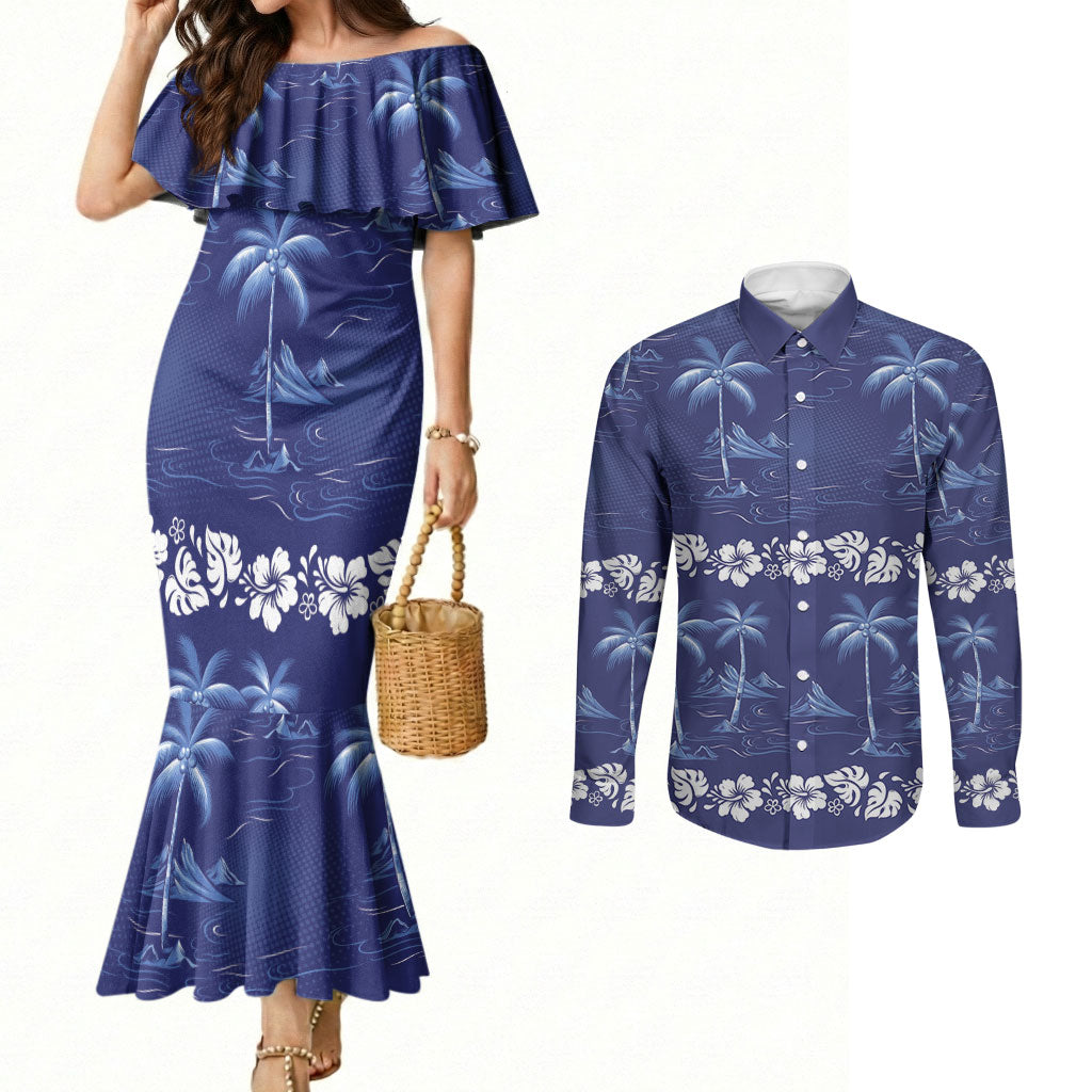 Blue Hawaii Palm Tree Hibiscus Couples Matching Mermaid Dress and Long Sleeve Button Shirt Fantasy Summer Vibe