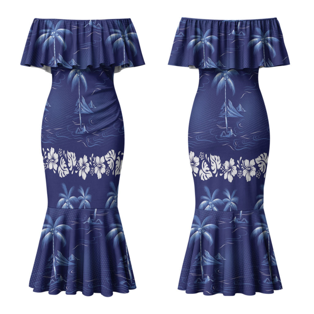 Blue Hawaii Palm Tree Hibiscus Couples Matching Mermaid Dress and Long Sleeve Button Shirt Fantasy Summer Vibe