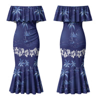 Blue Hawaii Palm Tree Hibiscus Couples Matching Mermaid Dress and Long Sleeve Button Shirt Fantasy Summer Vibe