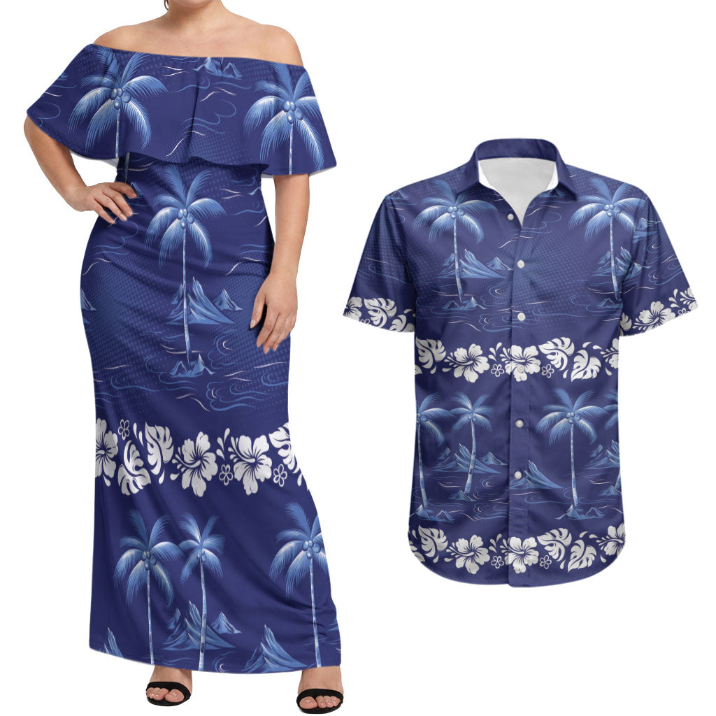 Blue Hawaii Palm Tree Hibiscus Couples Matching Off Shoulder Maxi Dress and Hawaiian Shirt Fantasy Summer Vibe