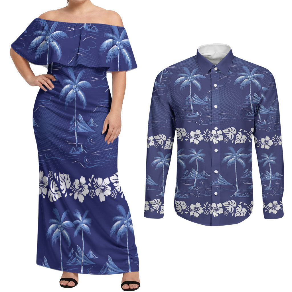 Blue Hawaii Palm Tree Hibiscus Couples Matching Off Shoulder Maxi Dress and Long Sleeve Button Shirt Fantasy Summer Vibe