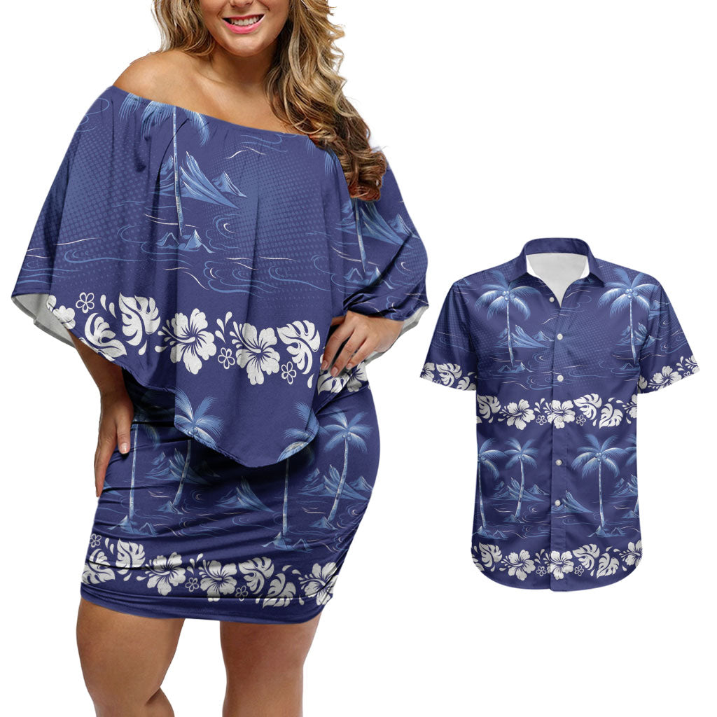 Blue Hawaii Palm Tree Hibiscus Couples Matching Off Shoulder Short Dress and Hawaiian Shirt Fantasy Summer Vibe