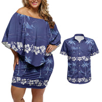 Blue Hawaii Palm Tree Hibiscus Couples Matching Off Shoulder Short Dress and Hawaiian Shirt Fantasy Summer Vibe