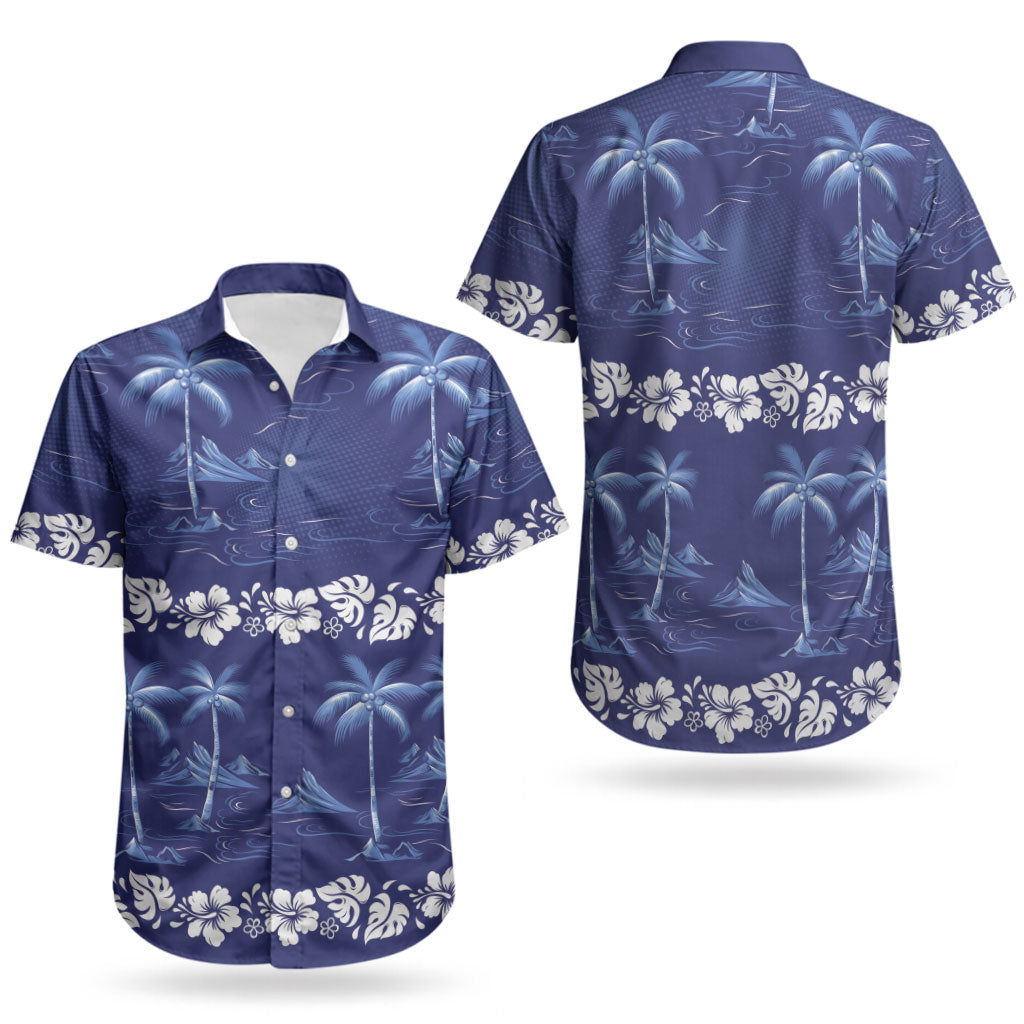 Blue Hawaii Palm Tree Hibiscus Couples Matching Off Shoulder Short Dress and Hawaiian Shirt Fantasy Summer Vibe