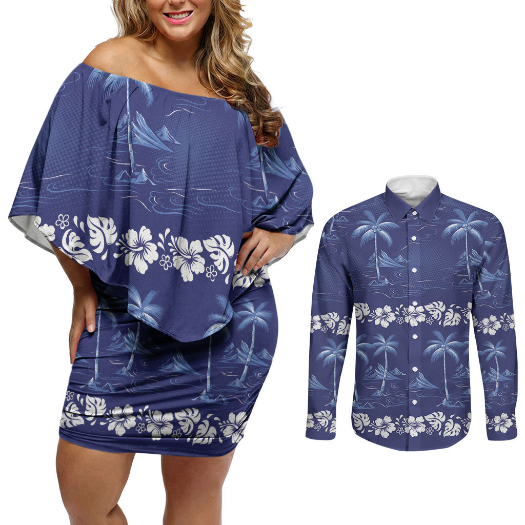 Blue Hawaii Palm Tree Hibiscus Couples Matching Off Shoulder Short Dress and Long Sleeve Button Shirt Fantasy Summer Vibe