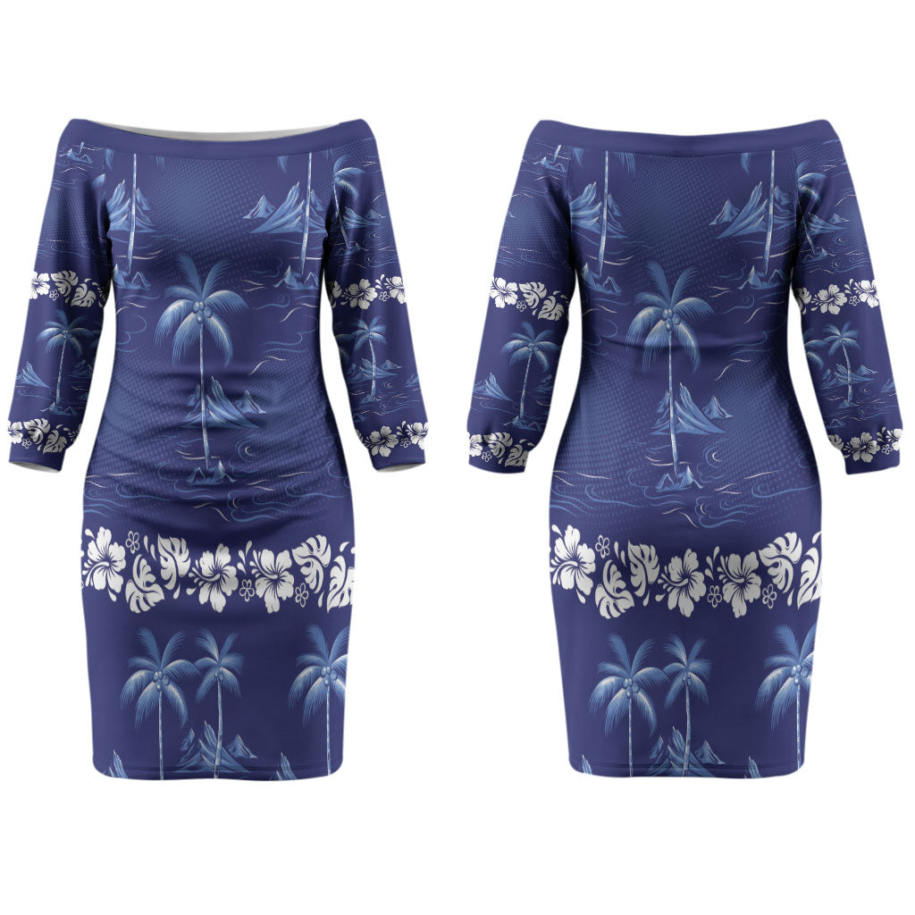 Blue Hawaii Palm Tree Hibiscus Couples Matching Off The Shoulder Long Sleeve Dress and Hawaiian Shirt Fantasy Summer Vibe LT01 - Polynesian Pride