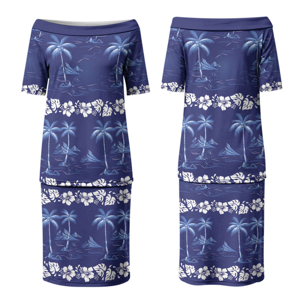 Blue Hawaii Palm Tree Hibiscus Couples Matching Puletasi and Long Sleeve Button Shirt Fantasy Summer Vibe LT01 - Polynesian Pride