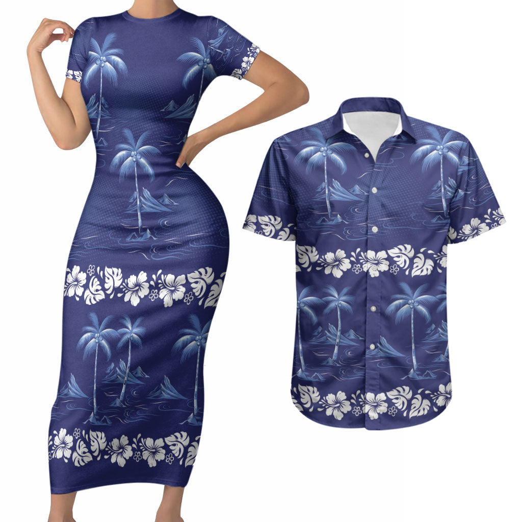 Blue Hawaii Palm Tree Hibiscus Couples Matching Short Sleeve Bodycon Dress and Hawaiian Shirt Fantasy Summer Vibe LT01 Blue - Polynesian Pride