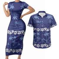 Blue Hawaii Palm Tree Hibiscus Couples Matching Short Sleeve Bodycon Dress and Hawaiian Shirt Fantasy Summer Vibe LT01 Blue - Polynesian Pride