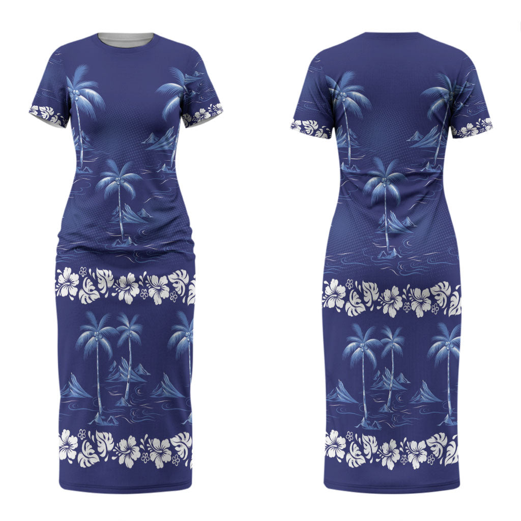 Blue Hawaii Palm Tree Hibiscus Couples Matching Short Sleeve Bodycon Dress and Hawaiian Shirt Fantasy Summer Vibe LT01 - Polynesian Pride