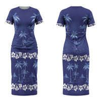 Blue Hawaii Palm Tree Hibiscus Couples Matching Short Sleeve Bodycon Dress and Hawaiian Shirt Fantasy Summer Vibe LT01 - Polynesian Pride