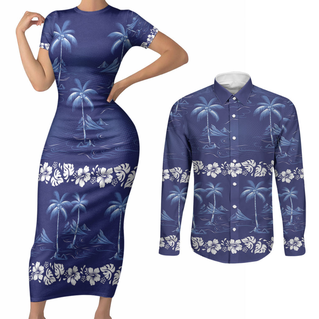Blue Hawaii Palm Tree Hibiscus Couples Matching Short Sleeve Bodycon Dress and Long Sleeve Button Shirt Fantasy Summer Vibe