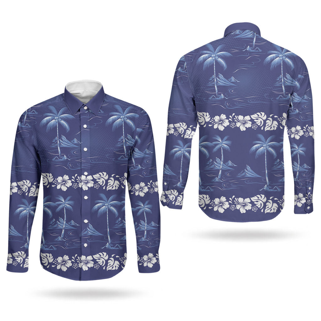 Blue Hawaii Palm Tree Hibiscus Couples Matching Short Sleeve Bodycon Dress and Long Sleeve Button Shirt Fantasy Summer Vibe