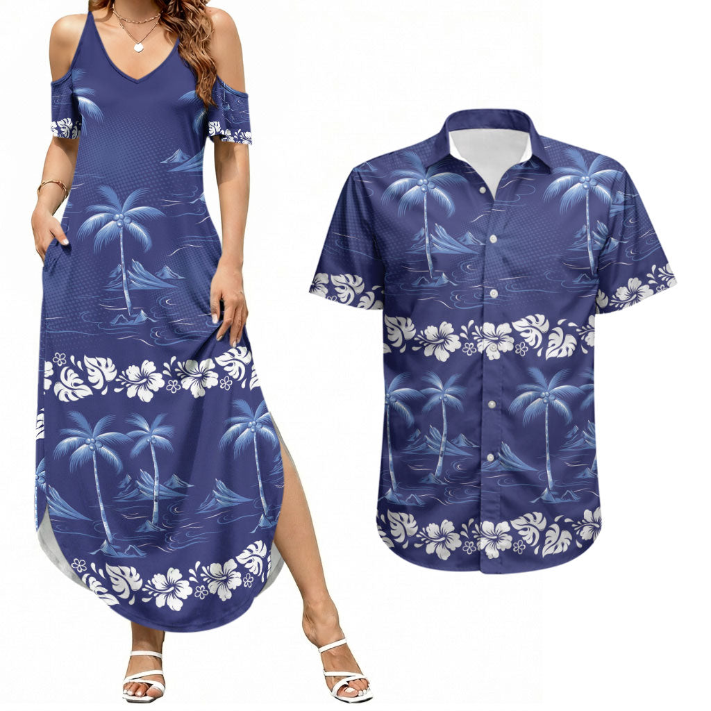 Blue Hawaii Palm Tree Hibiscus Couples Matching Summer Maxi Dress and Hawaiian Shirt Fantasy Summer Vibe LT01 Blue - Polynesian Pride