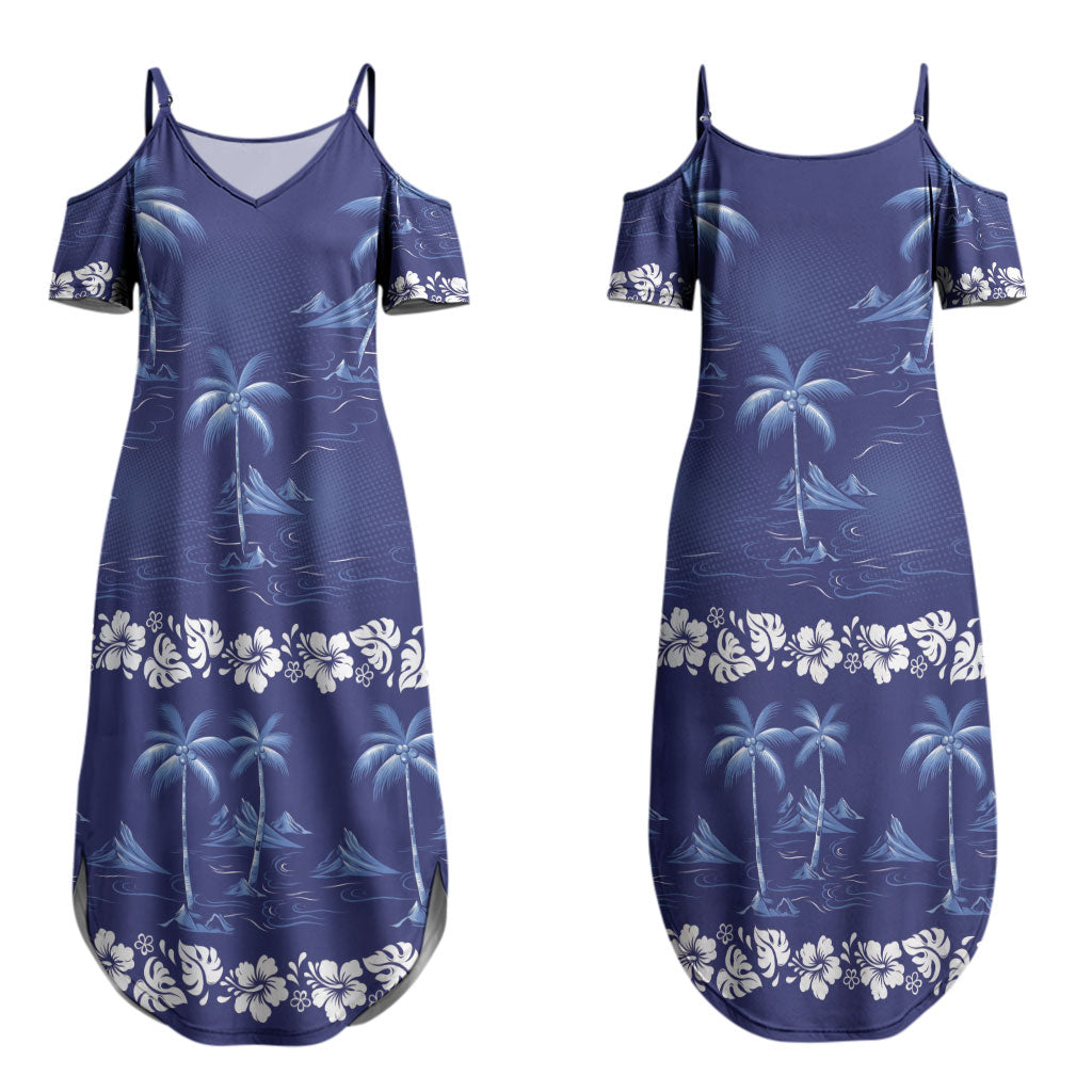Blue Hawaii Palm Tree Hibiscus Couples Matching Summer Maxi Dress and Hawaiian Shirt Fantasy Summer Vibe LT01 - Polynesian Pride