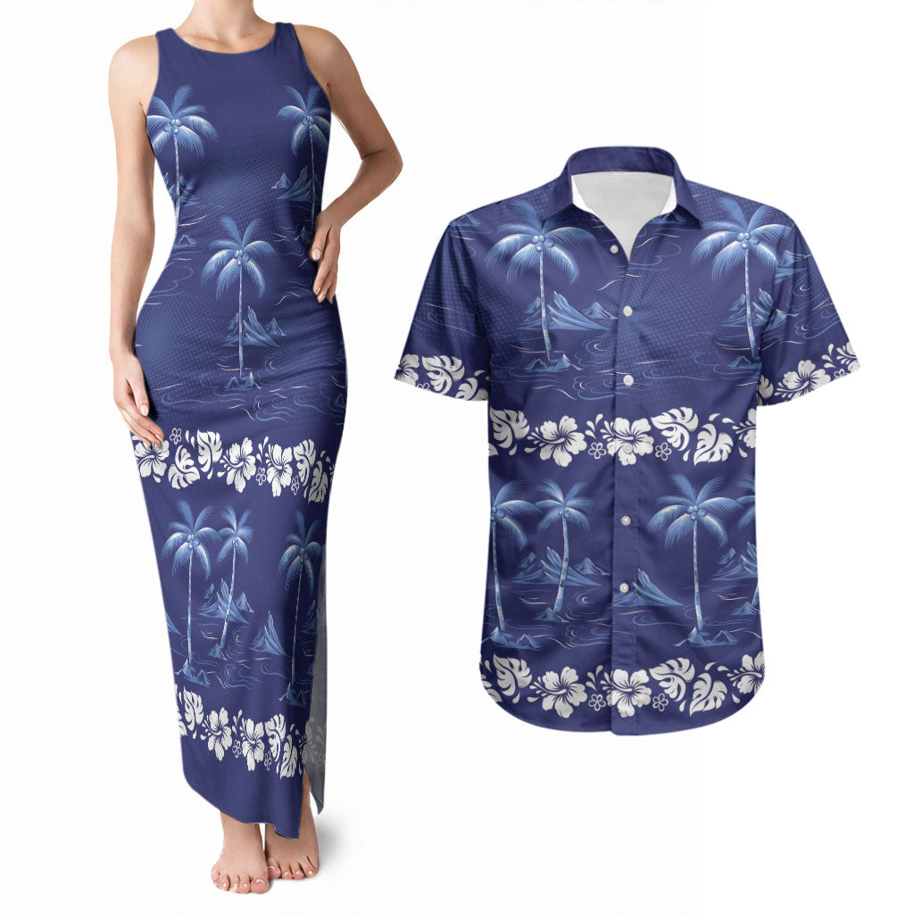 Blue Hawaii Palm Tree Hibiscus Couples Matching Tank Maxi Dress and Hawaiian Shirt Fantasy Summer Vibe