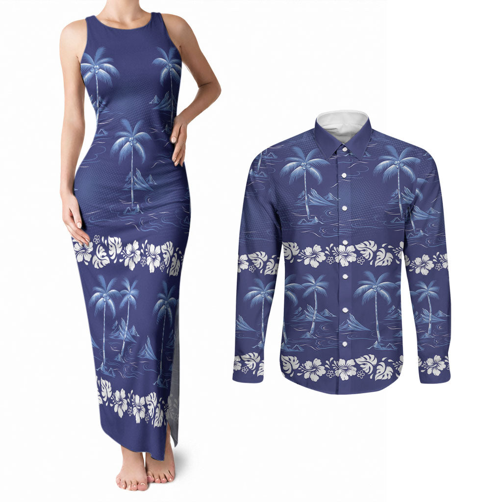 Blue Hawaii Palm Tree Hibiscus Couples Matching Tank Maxi Dress and Long Sleeve Button Shirt Fantasy Summer Vibe