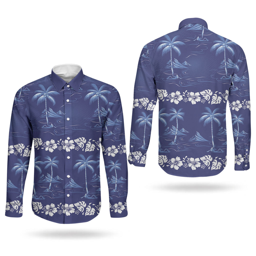 Blue Hawaii Palm Tree Hibiscus Couples Matching Tank Maxi Dress and Long Sleeve Button Shirt Fantasy Summer Vibe