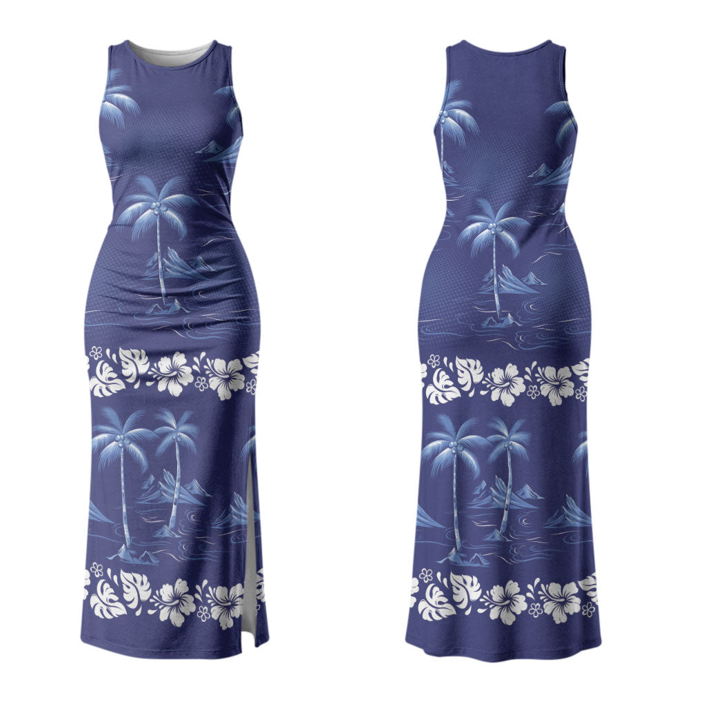 Blue Hawaii Palm Tree Hibiscus Couples Matching Tank Maxi Dress and Long Sleeve Button Shirt Fantasy Summer Vibe