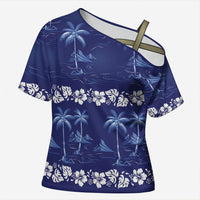 Blue Hawaii Palm Tree Hibiscus Cross Shoulder Shirt Fantasy Summer Vibe