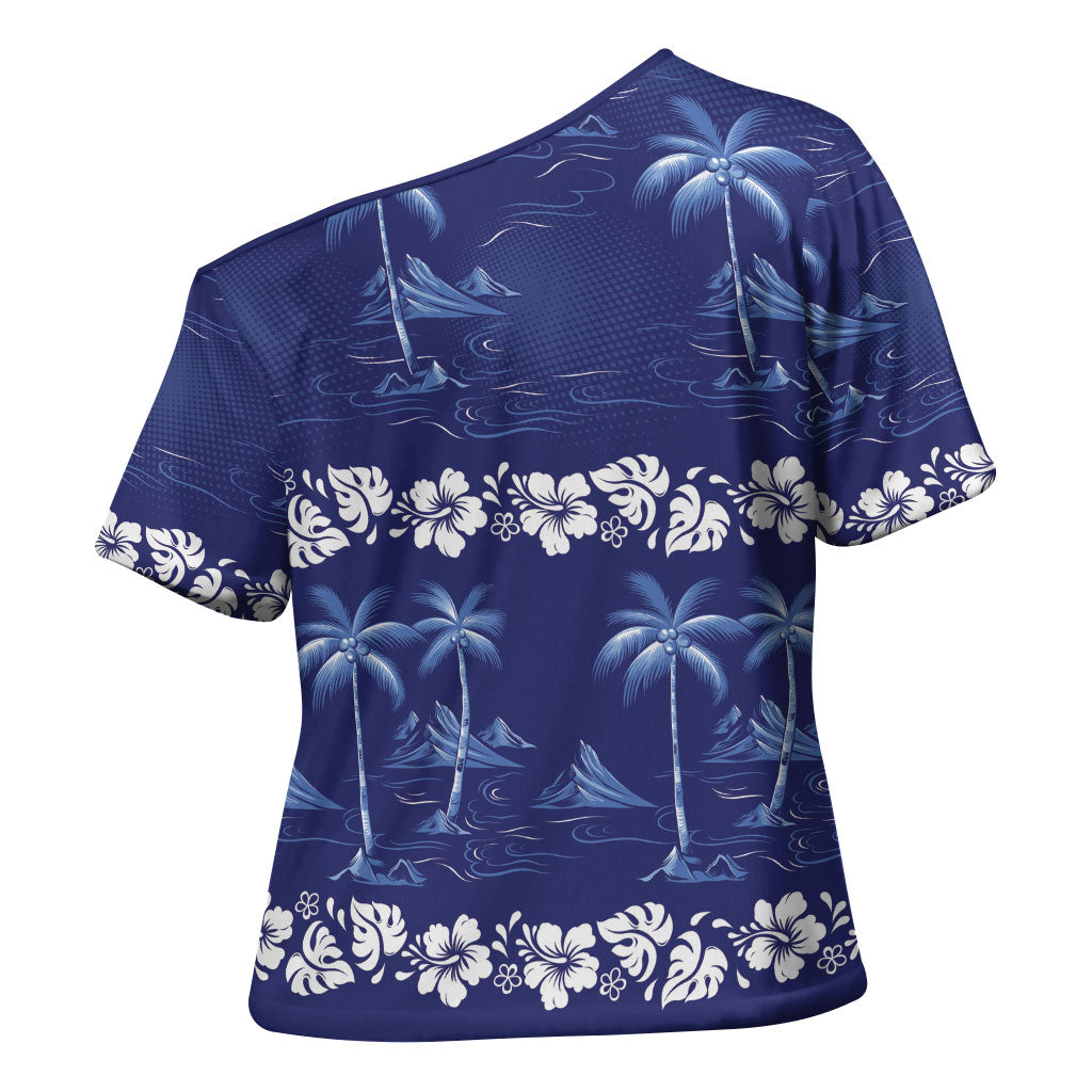 Blue Hawaii Palm Tree Hibiscus Cross Shoulder Shirt Fantasy Summer Vibe