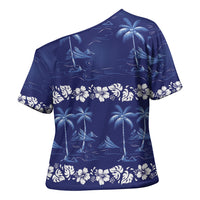 Blue Hawaii Palm Tree Hibiscus Cross Shoulder Shirt Fantasy Summer Vibe