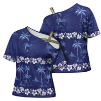 Blue Hawaii Palm Tree Hibiscus Cross Shoulder Shirt Fantasy Summer Vibe
